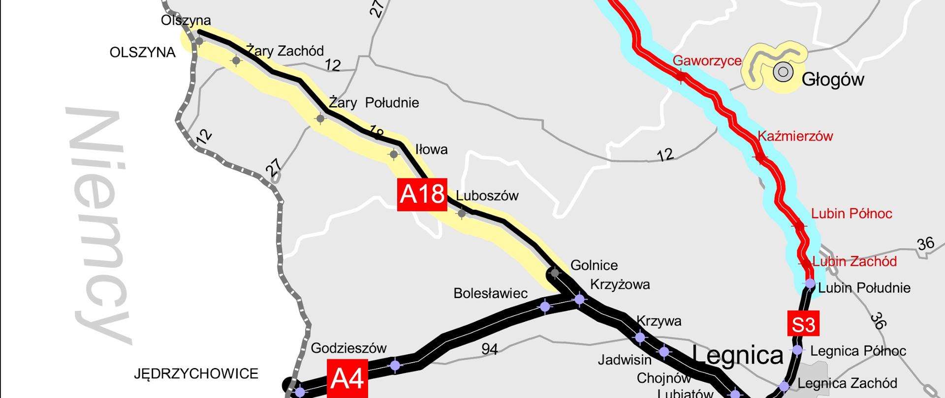 Mapa autostrady A18 na odcinku w. Olszyna – w. Golnice