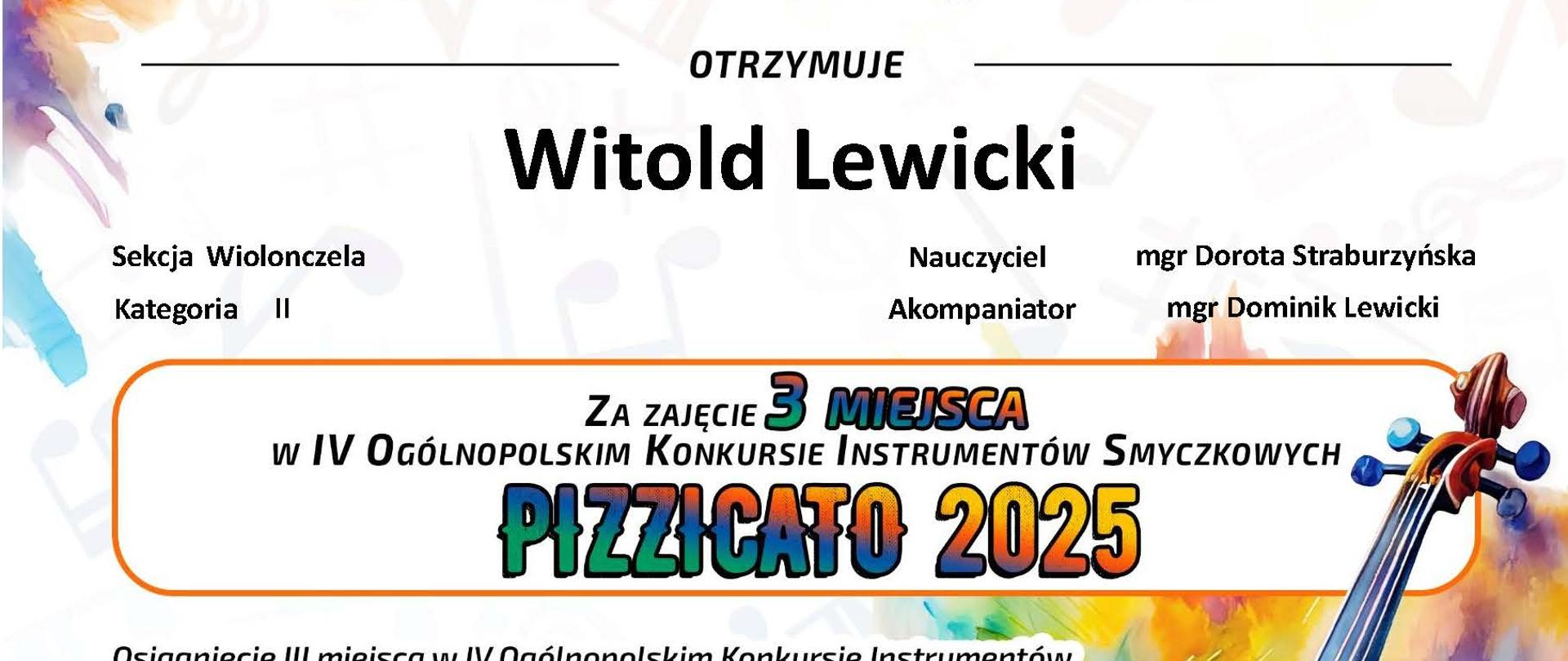 Czarne i kolorowe litery na białym tle, w prawej dolnej części skrzypce na kolorowym tle.