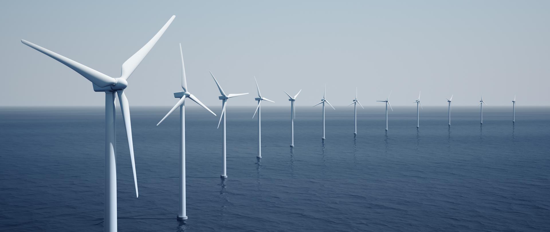 3d rendering of windturbines on the ocean