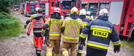 Fotografia wykonana podczas wojewódzkich ćwiczeń ratowniczo-gaśniczych &quot;Mielec 2024&quot;. Na zdjęciu strażacy prowadzący działania gaśnicze na terenie lasu. Funkcjonariusze ubrani w umundurowania bojowe koloru piaskowego i hełmach strażackich idą leśną drogą razem z ratownikiem medycznym. W tle zdjęcia drzewa, droga leśna oraz samochody pożarnicze.