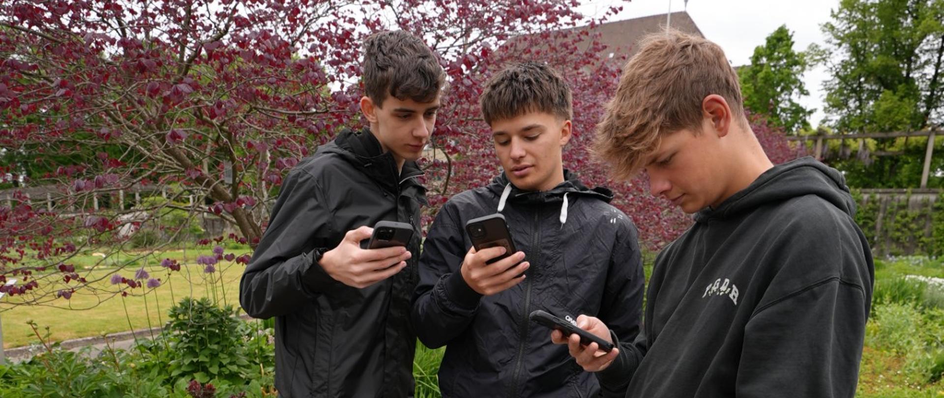 Trzech młodych osób stoi na alejce w ogrodzie, każda trzyma smartfon i patrzy w ekran; w tle drzewa ozdobne, rośliny i fragment budynku z masztem flagowym.