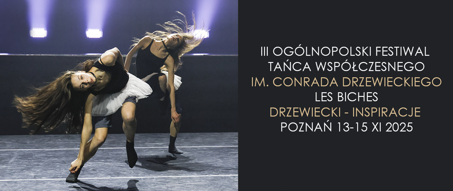 Po lewej dwie tancerki w ruchu, po prawej napisy informujące o koncercie