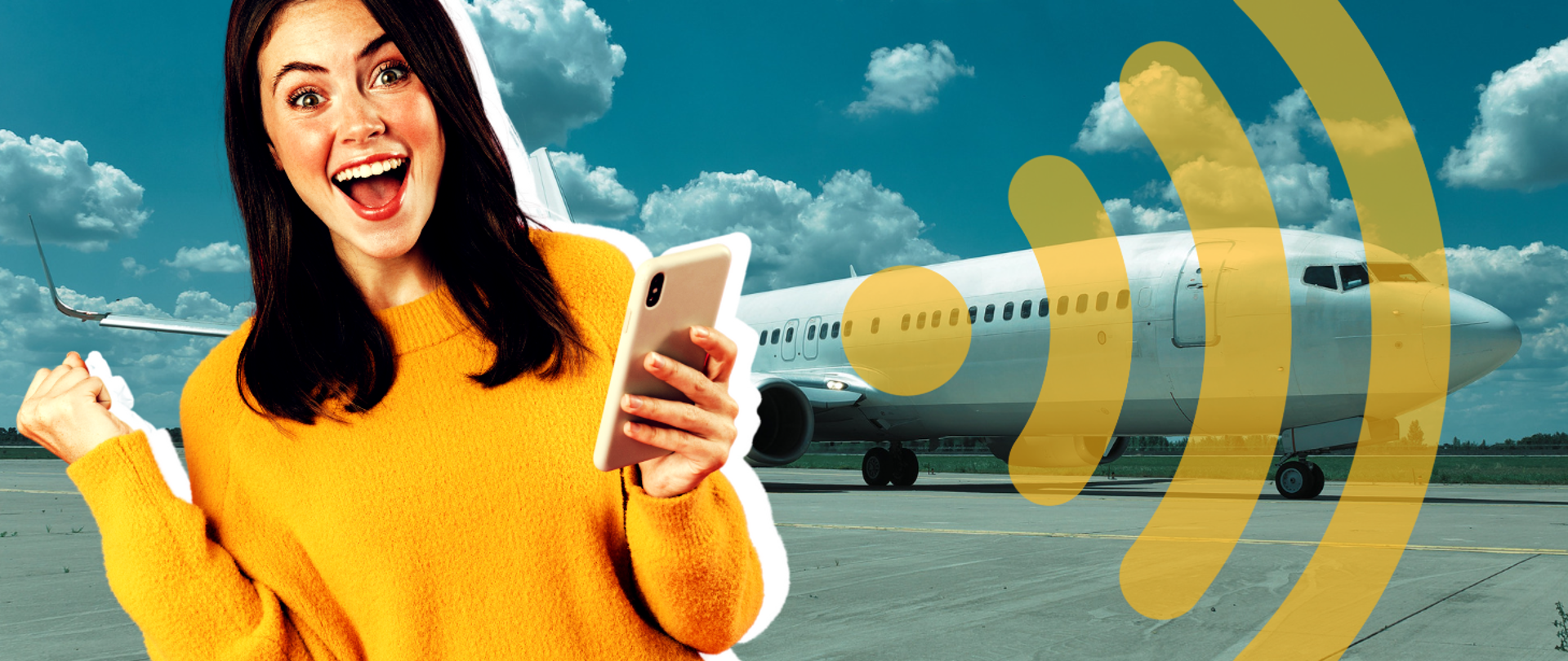 Na pierwszym planie zdjęcie uradowanej kobiety trzymającej w ręku smartfona. W tle zdjęcie samolotu pasażerskiego, na które nałożony jest symbol fal radiowych lub Wi-Fi.