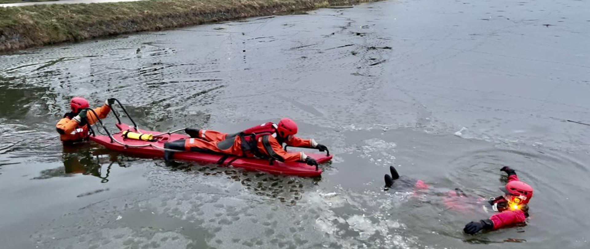 Zdjęcie przedstawia strażaków będących w wodzie w specjalnych skafandrach do pracy w wodzie podczas ćwiczenia technik ewakuacyjnych w warunkach zimowych.