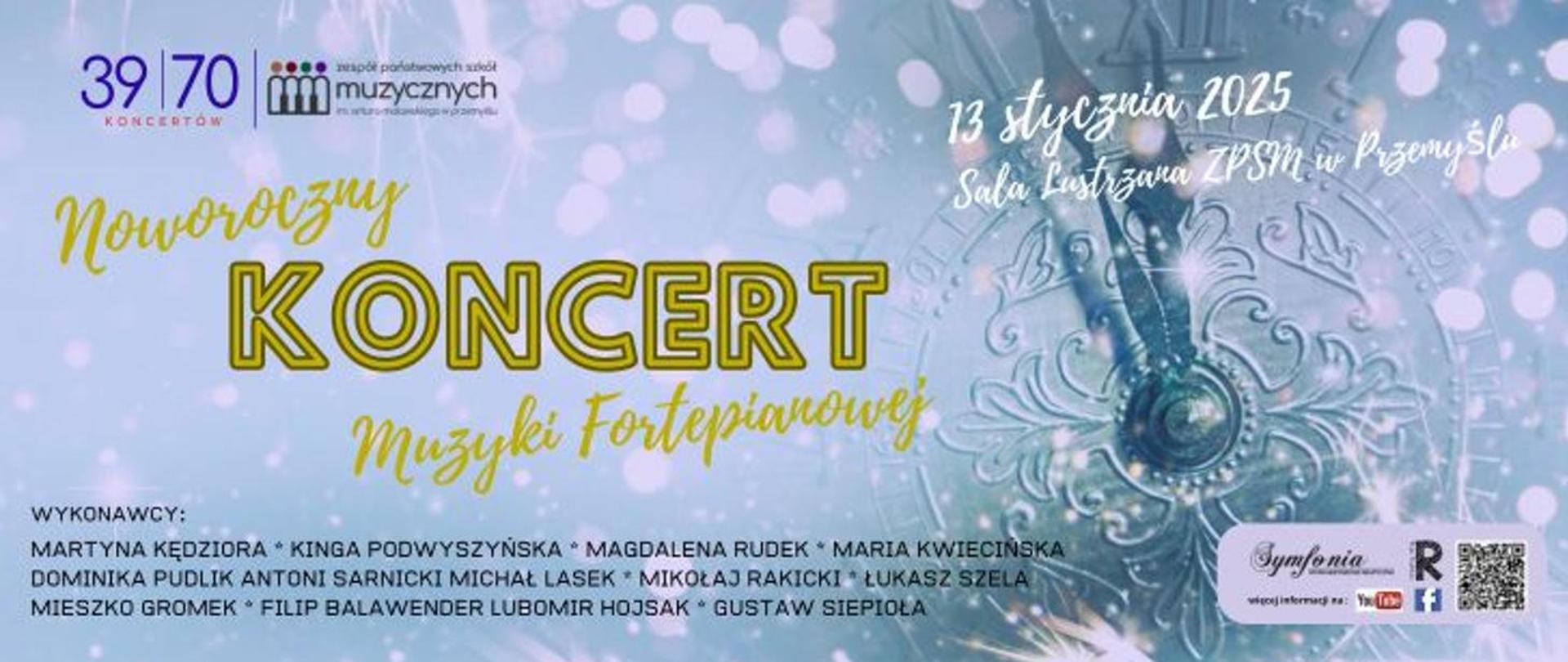 Grafika informacyjna o 39 z 70 koncercie jubileuszowym Noworoczny Koncert Muzyki Fortepianowej. 13 stycznia 2025 