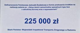 Wartość udzielonego dofinansowania z Wojewódzkiego Funduszu Ochrony Środowiska i Gospodarki Wodnej w Warszawie to 225 000 złotych.