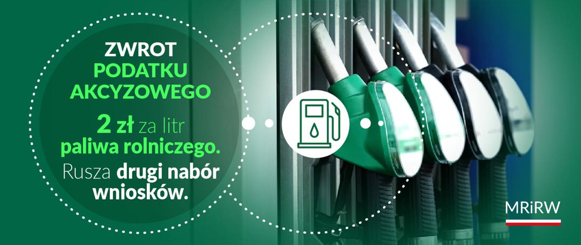 Grafika z napisem: Zwrot podatku akcyzowego. 2 zł za litr paliwa rolniczego. Rusza drugi nabór wniosków.