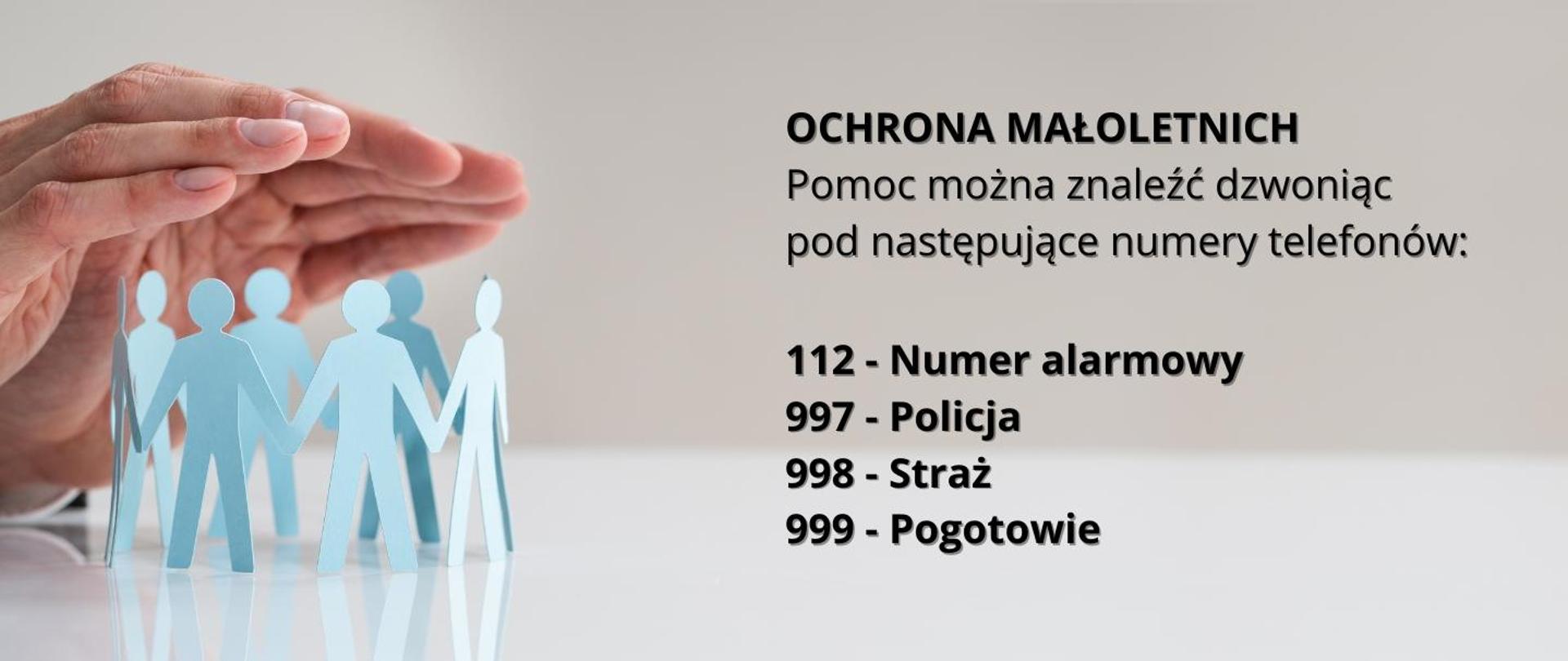 Na beżowym tle, po prawej stronie czarny napis "Pomoc można znaleźć dzwoniąc pod następujące numery telefonów: 112 - numer alarmowy, 997 - policja, 998 - straż, 999 - pogotowie". Po lewej stronie trzymające się za ręce kartonowe postaci; nad nimi ręce zapewniające im ochronę. 