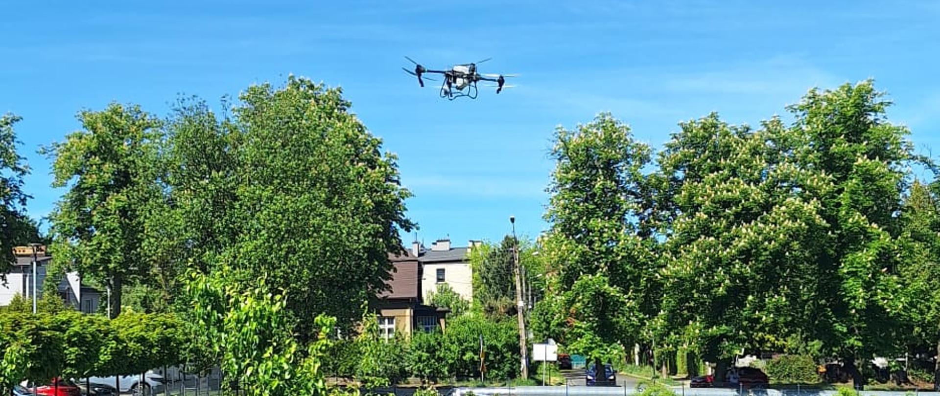 Dwie osoby stoją na trawiastym polu z rzędami roślin, nad nimi leci dron