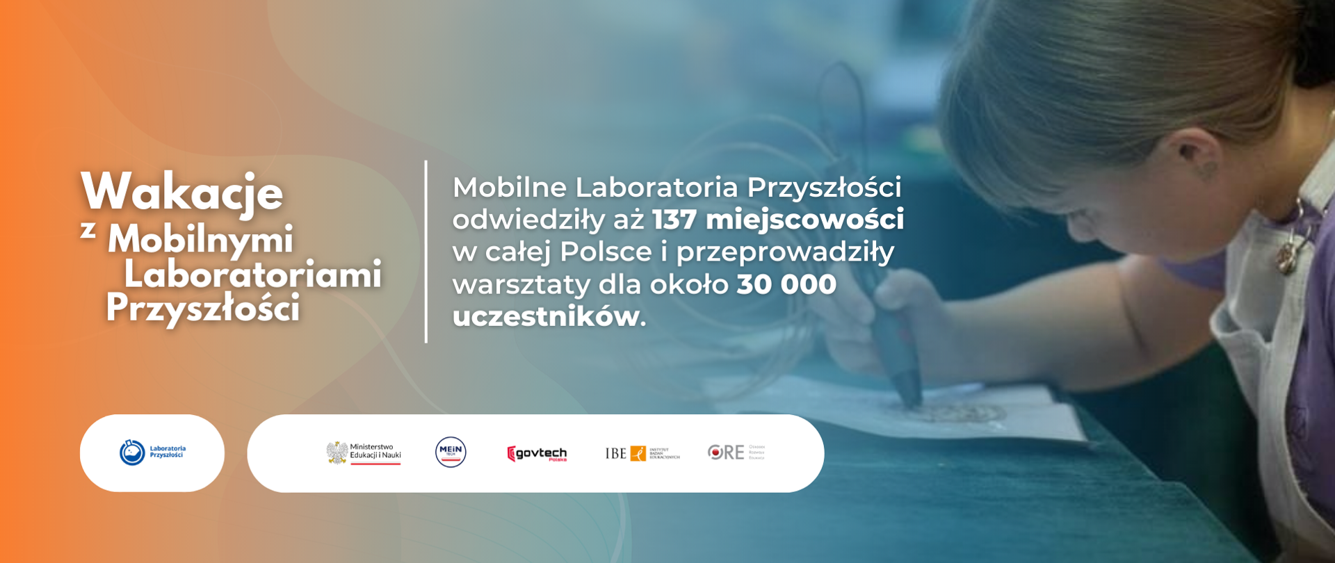 Wakacje z Mobilnymi Laboratoriami Przyszłości
Mobilne Laboratoria Przyszłości odwiedziły aż 137 miejscowości w całej Polsce i przeprowadziły warsztaty dla około 30 000 uczestników.
W tle zdjęcie dziewczynki rysującej długopisem 3D.
Logotypy: Laboratoria Przyszłości, Ministerstwo Edukacji i Nauki, MEiN Tech, Centrum GovTech, IBE Instytut Badań Edukacyjnych, ORE Ośrodek Rozwoju Edukacji