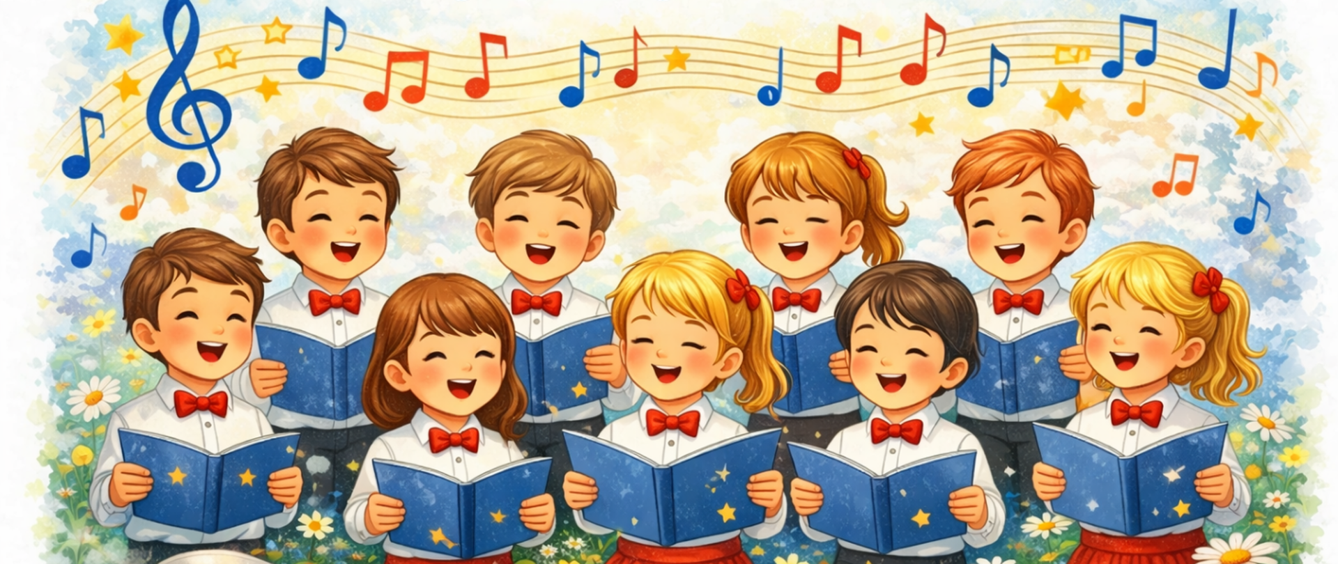 Ilustracja przedstawia dziecięcy chór złożony z dziewczynek i chłopców śpiewających z radością. Dzieci stoją w dwóch rzędach, trzymają niebieskie śpiewniki, ubrane są w białe koszule z czerwonymi muchami lub spódnicami. W tle unoszą się kolorowe nuty na pięciolinii. Scena utrzymana jest w pogodnej, pastelowej stylistyce, z motywami kwiatów i biało-czerwonej wstęgi.
