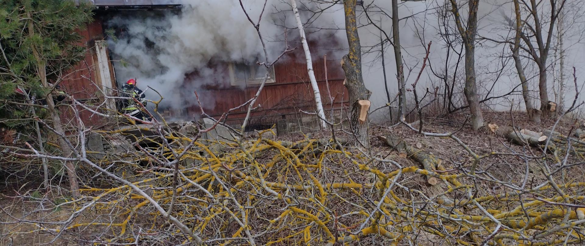 Na zdjęciu widzimy palący się budynek mieszkalny, wydobywające się z niego duże ilości dymu oraz strażaka podczas działań gaśniczych.