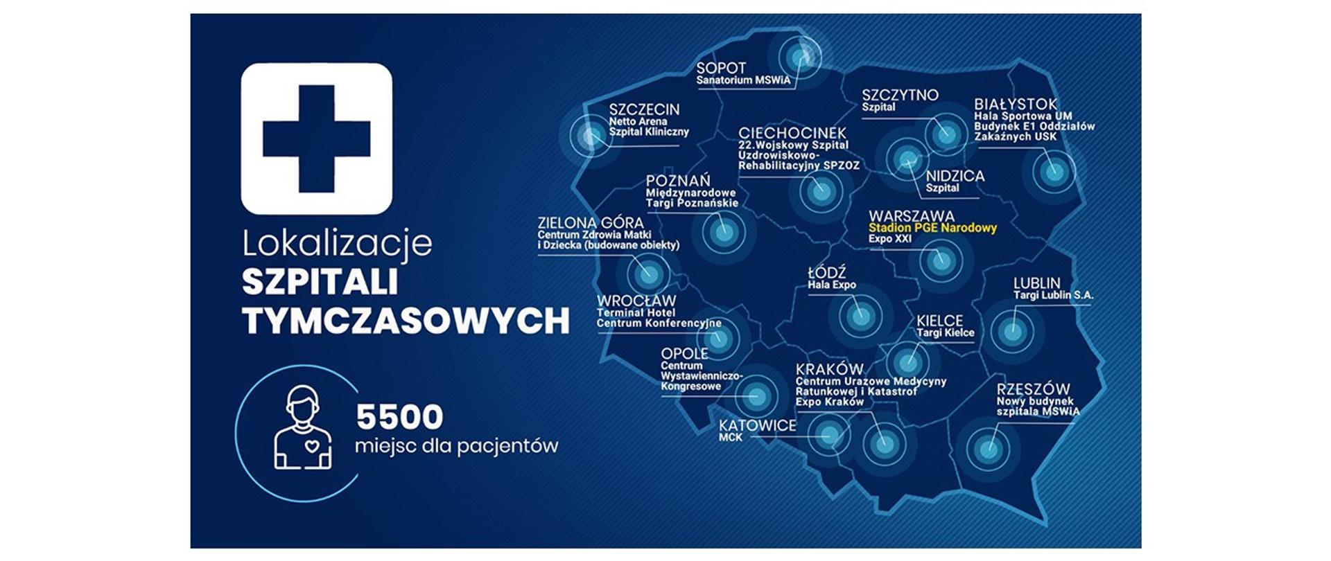 Grafika informacyjna dotycząca lokalizacji szpitali tymczasowych w Polsce