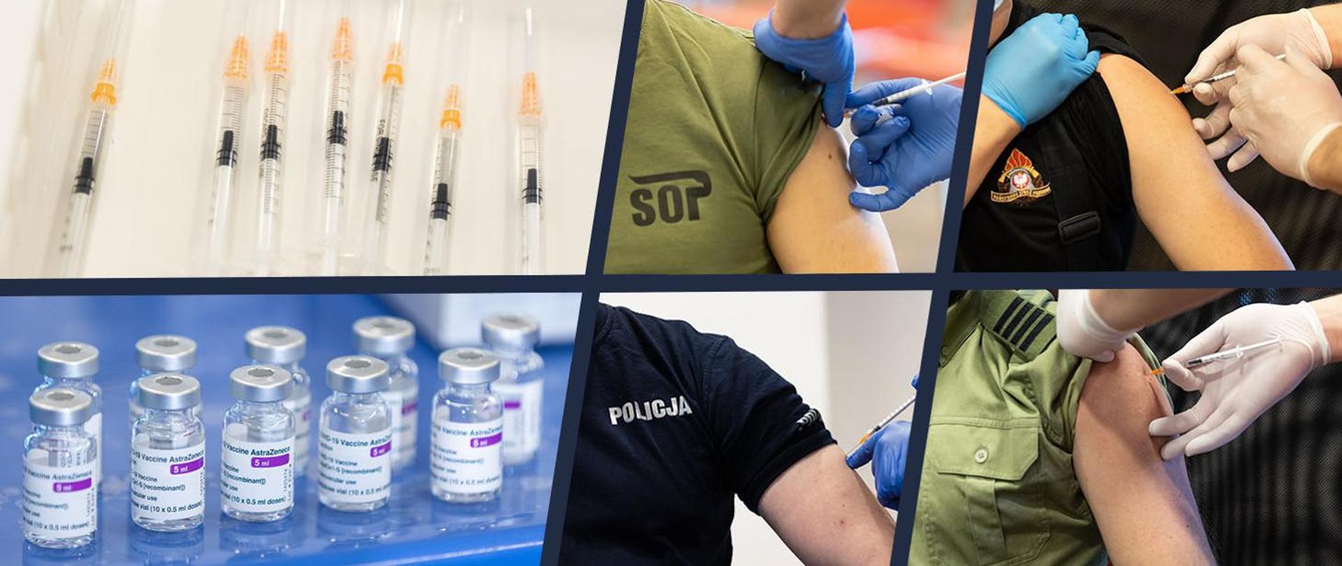 Na zdjęciu widoczne strzykawki, ampułki ze szczepionką firmy AstraZeneka oraz ramienia funkcjonariuszy: Służby Ochrony Państwa, Policji, Państwowej Straży Pożarnej oraz Straży Granicznej podczas szczepienia.
