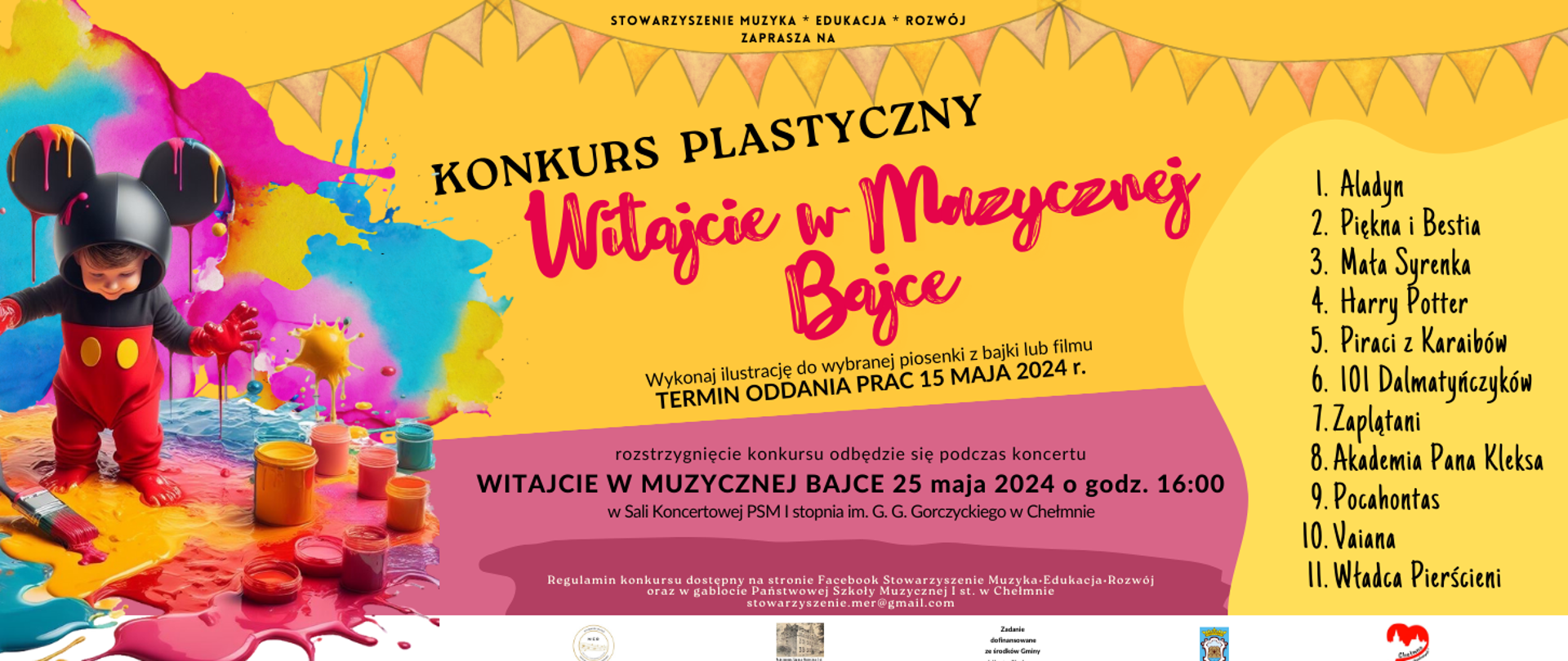 Po lewej stronie bose dziecko-myszka taplające w różnokolorowej farbie. W centralnej i prawej stronie plakatu informacje o konkursie plastycznym.