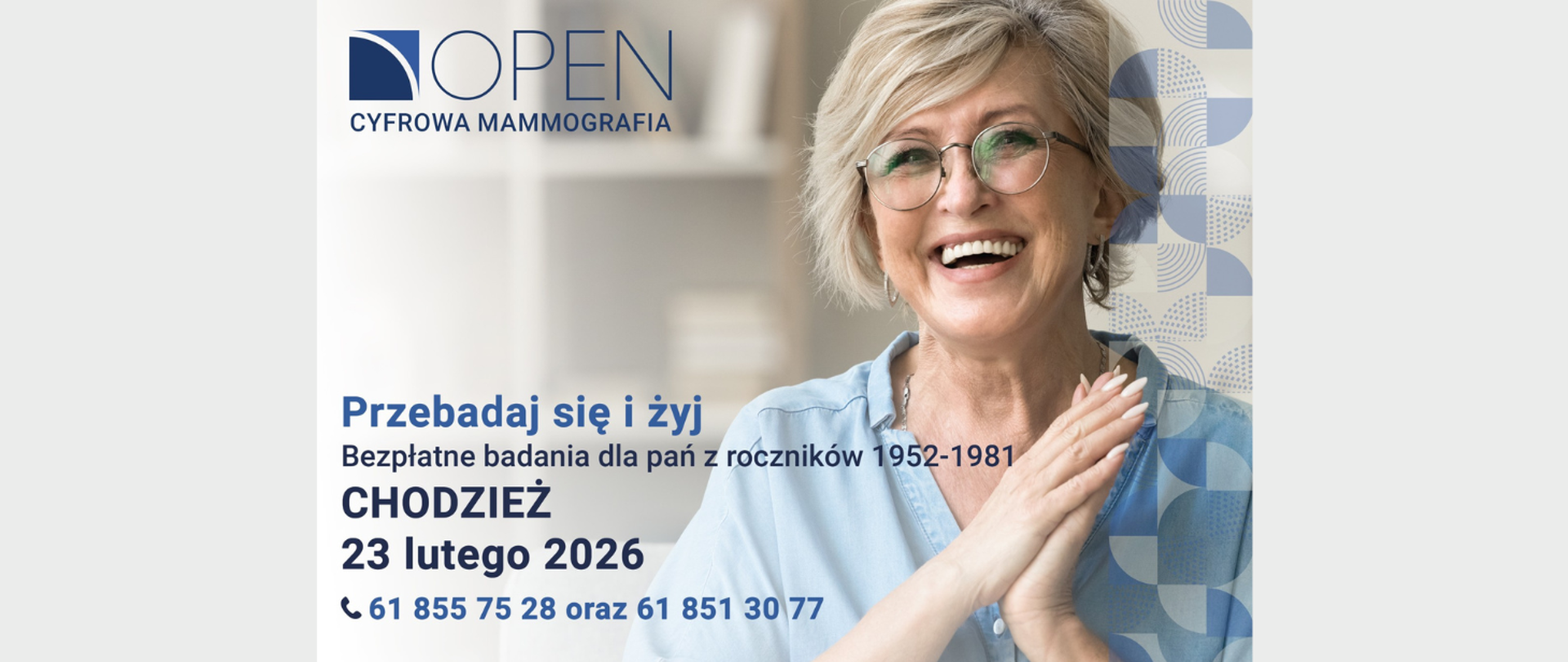 Plakat promujący bezpłatną cyfrową mammografię w Chodzieży 23 lutego 2026 roku, z uśmiechniętą starszą kobietą i informacją o badaniach dla pań z roczników 1952–1981 oraz numerami telefonu do rejestracji.
