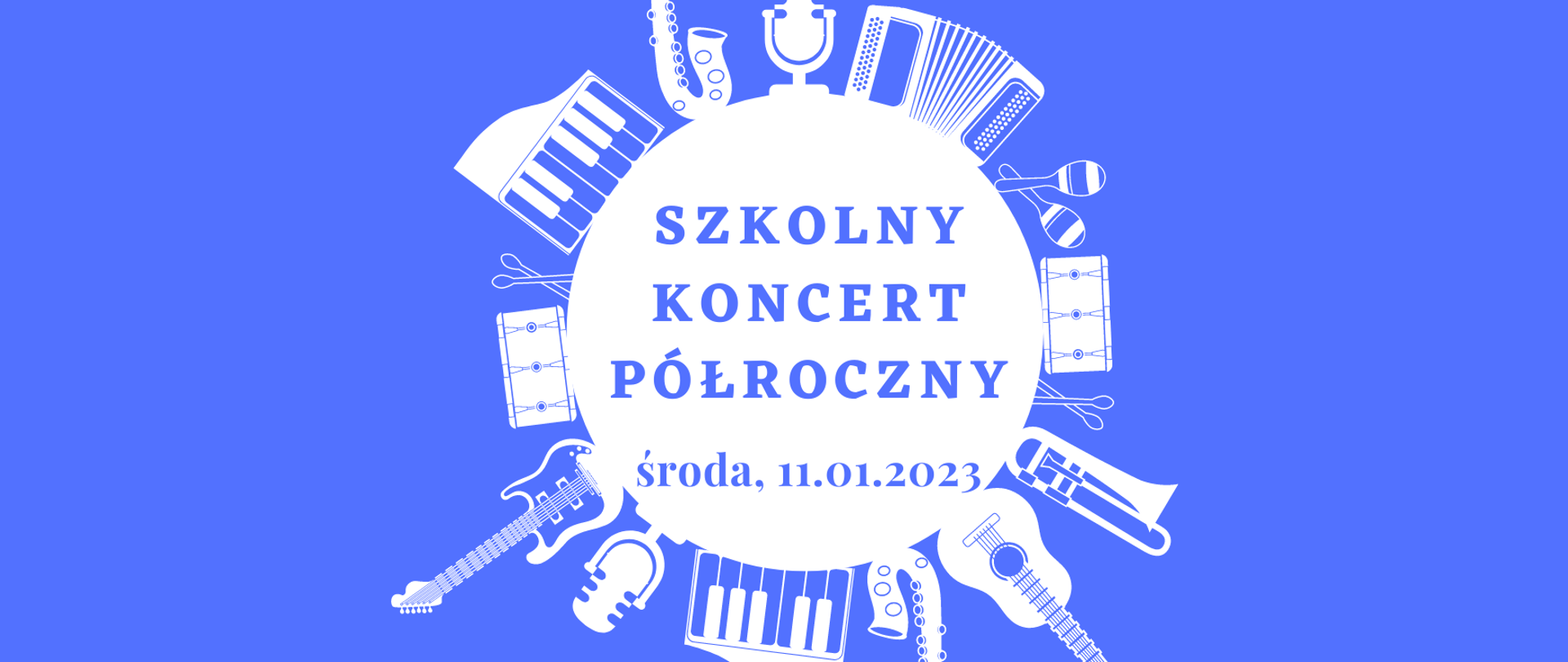 grafika przedstawia liczne instrumenty, ułożone w kole na niebieskim tle