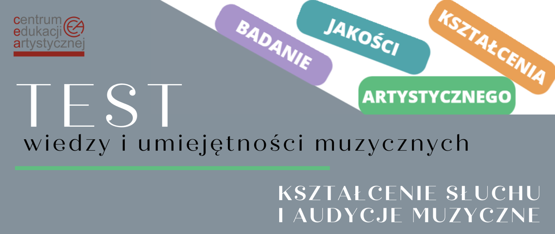 W górnym lewym roku logo Centrum Edukacji Artystycznej, w kolorach czerwonym i szarym. W prawej górnej części, na białym polu, cztery kolorowe prostokąty, na każdym słowo w kolorze białym, składające się na treść: "BADANIE JAKOŚCI KSZTAŁCENIA ARTYSTYCZNEGO" . W środkowej części tekst: "TEST wiedzy i umiejętności muzycznych", pierwsze słowo wyróżnione dużym rozmiarem czcionki, w kolorze białym, pozostałe w kolorze czarnym. Poniżej zielona pozioma linia. W prawej dolnej części tekst: "KSZTAŁCENIE SŁUCHU I AUDYCJE MUZYCZNE", w kolorze białym, ułożony w dwóch rzędach. Tło szare.
