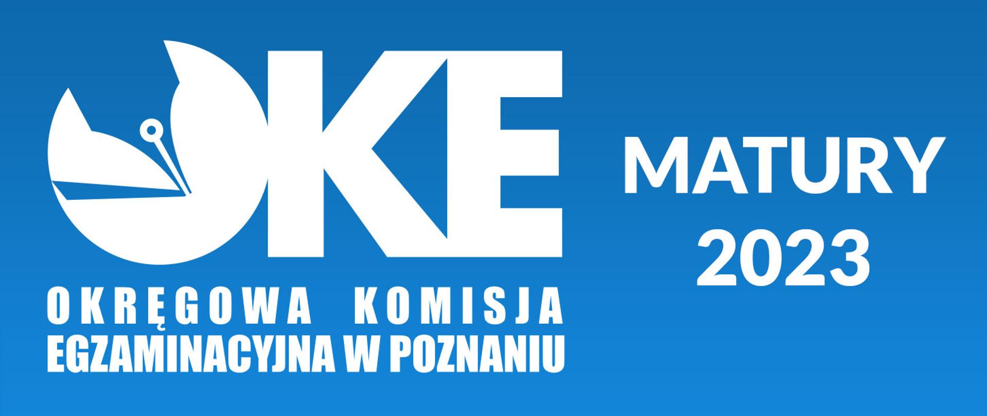 Grafika z logiem OKE i napisem "Matury 2023" na niebieskim tle.