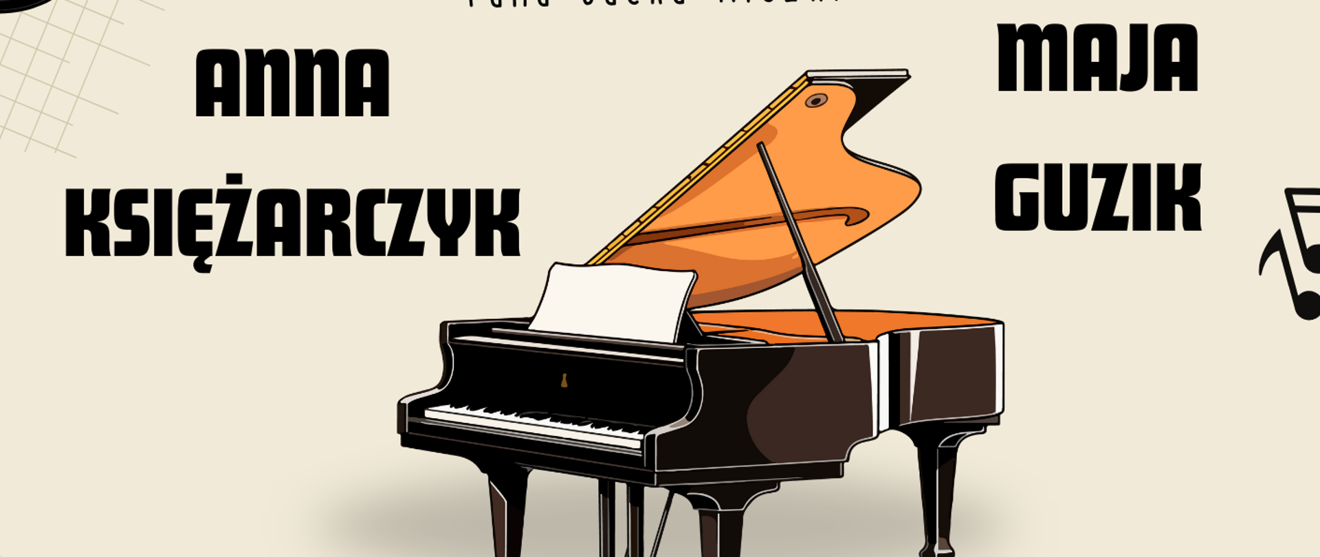 Afisz do recitalu fortepianowego, który odbędzie się 10 kwietnia 2024 r. o godz. 16.30 w auli szkoły. Czarne napisy informujące o wydarzeniu na jasnym tle, na środku obrazek fortepianu.