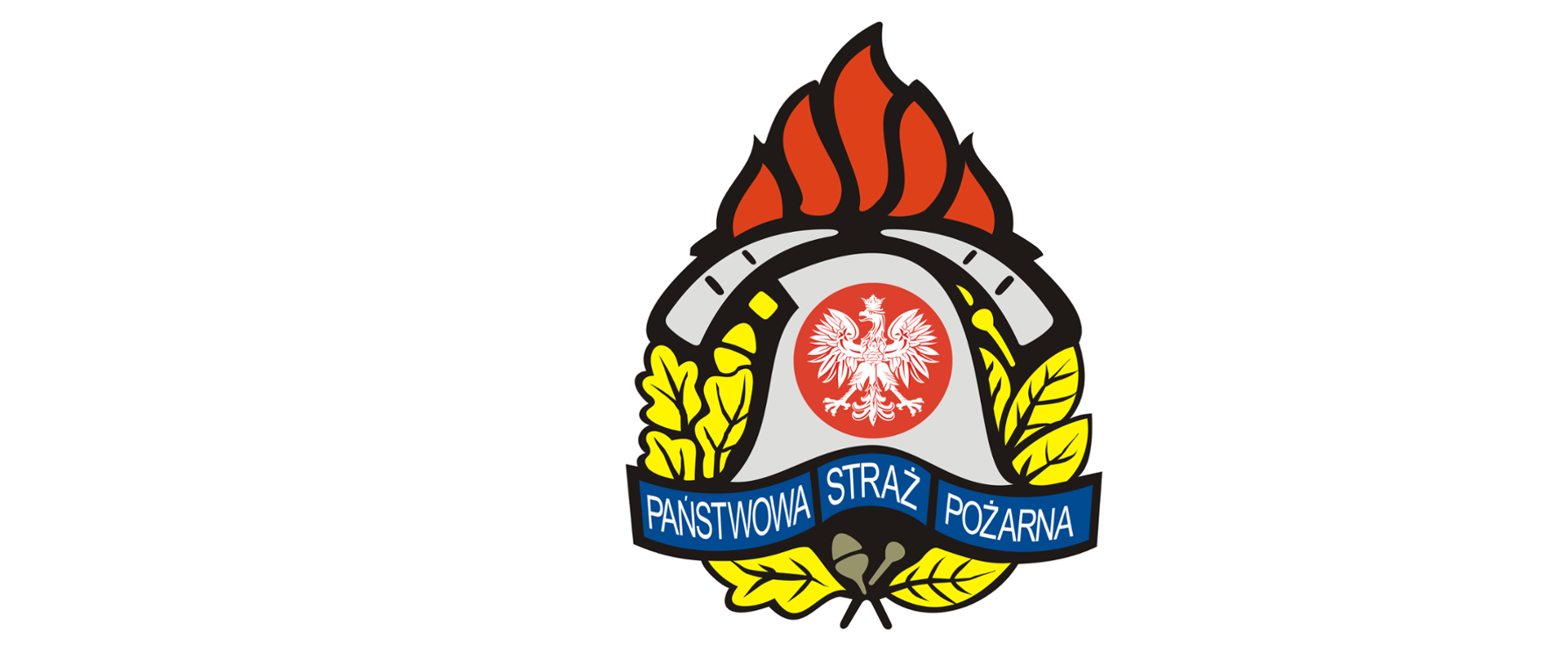 Zdjęcie przedstawia logo PSP z centralnie umieszczonym orłem i napisem Państwowa Straż Pożarna