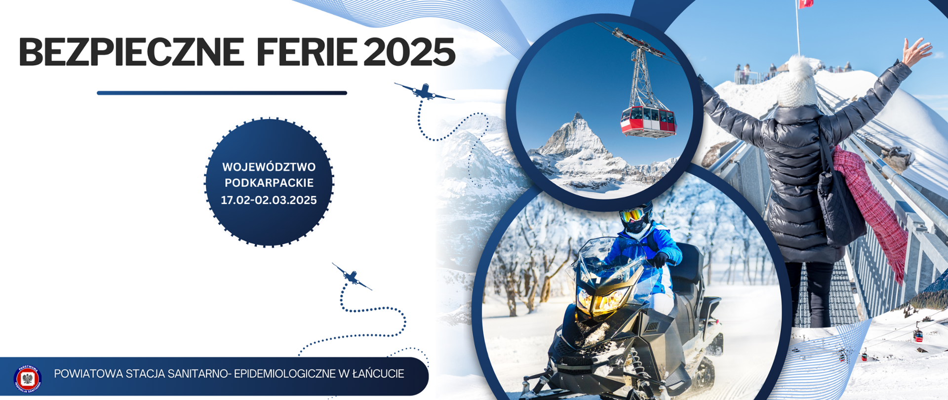 grafika przedstawia zimowy krajobraz, góry, gondolkę , jazdę na skuterze