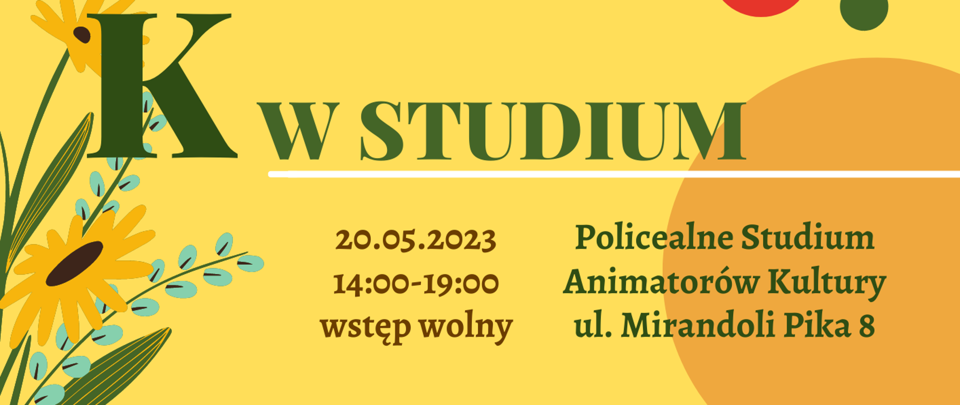 Plakat informujący o pikniku który odbędzie się 20 maja 2023 w Studium. Oprócz informacji o pikniku na plakacie występują kwiaty. 
