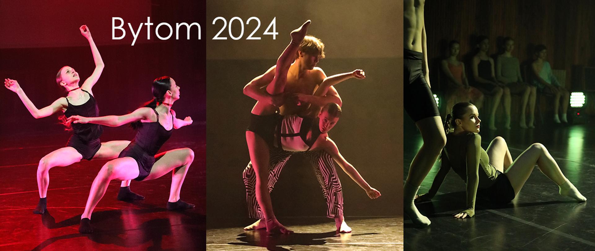 Obraz podzielony na trzy części pionowo, trzy kadry ze scen w rożnych tonacjach świetlnych i tancerze w rożnych układach choreograficznych