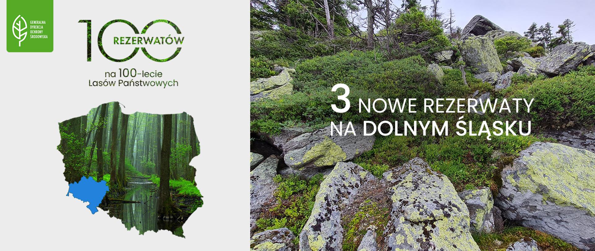 Z lewej strony grafiki w lewym górnym rogu zielona metka gdoś i biały logotyp (biały liść i napis Generalna Dyrekcja Ochrony Środowiska). Obok napis 100 REZERWATÓW na 100 - lecie Lasów Państwowych. w lewym dolnym rogu zdjęcie zielonego lasu. Zdjęcie to jest w kształcie mapy Polski. Na niebiesko zaznaczono województwo dolnośląskie. Po prawej stronie zdjęcie skał i roślinności. Na tle tego zdjęcia napis: "3 NOWE REZERWATY NA DOLNYM ŚLĄSKU". 