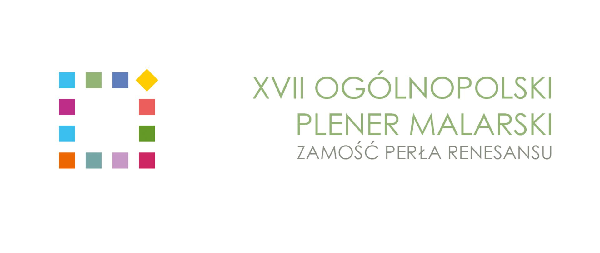 na białym tle kolorowe kwadraciki układają się w kwadrat, po lewej zielony tekst XVII ogólnopolski plener malarski 