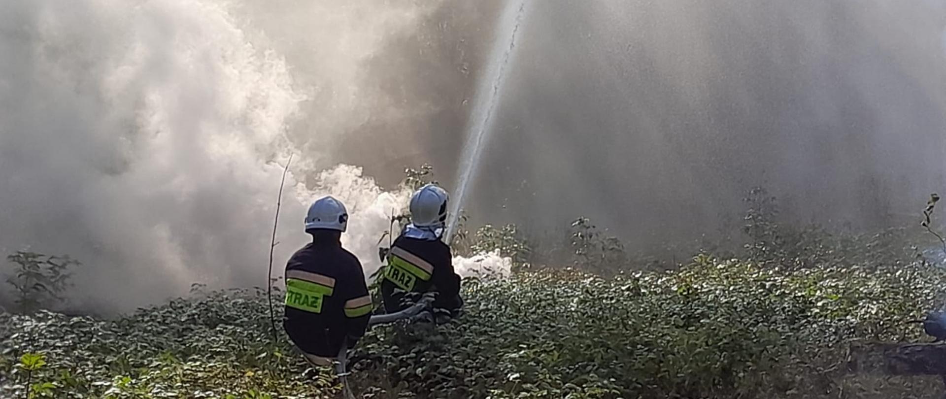 Rota strażaków operująca prądem wody na tle gęstego zadymienia.