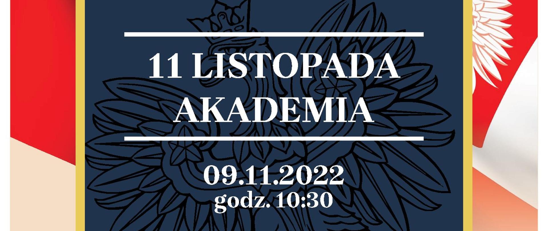 Plakat Święto Niepodległości. Napis 11 listopada akademia godz. 10.30. Napis "Wolność to diament do oszlifowania". W tle żołnierze na tle biało czerwonej flagi. 