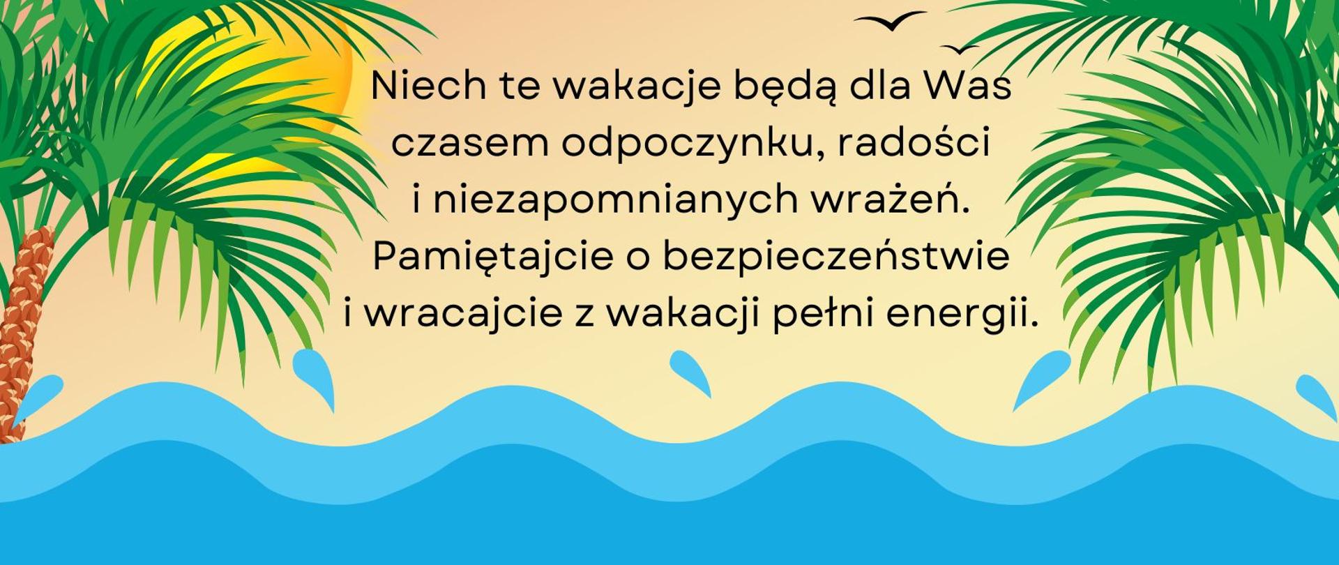 Życzenia na żółtym tle, po oby stronach palmy, na dole obrazka woda.
