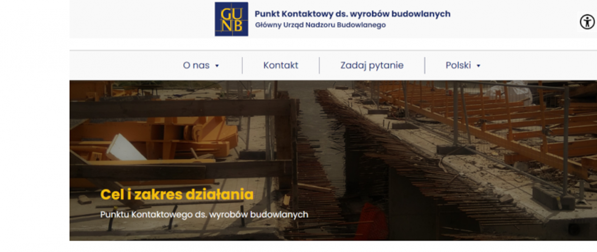 Strona internetowa Punktu Kontaktowego ds. wyrobów budowlanych z nagłówkiem i zdjęciem placu budowy.