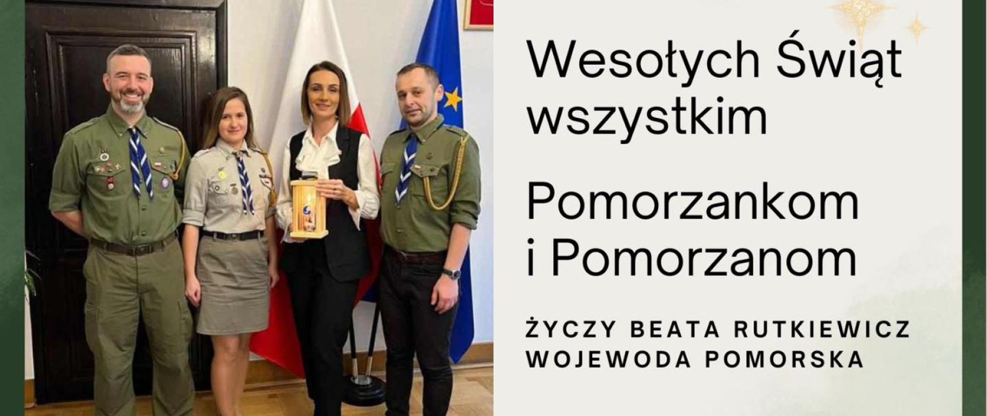 Cztery postaci - dwie kobiety w tym wojewoda pomorska, dwóch mężczyzn z ZHP przekazujących światełko pokoju. Gabinet wojewody 