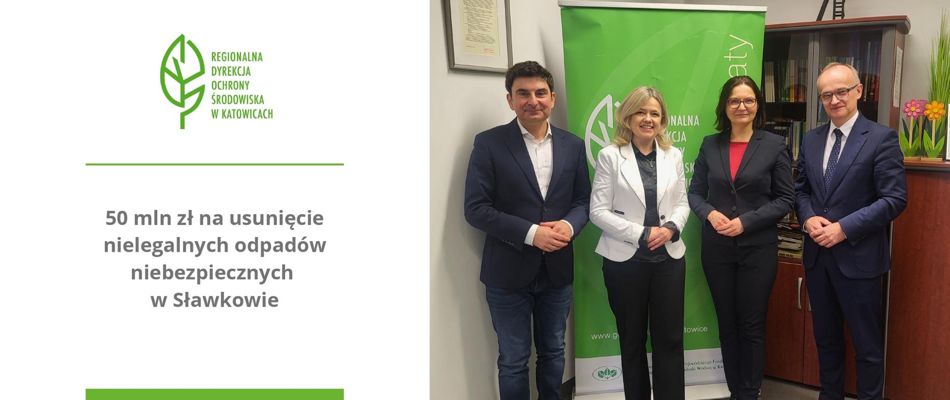 Grafika - 50 mln zł na usunięcie nielegalnych odpadów niebezpiecznych w Sławkowie - zdjęcie (od lewej) Marek Wójcik - Wojewoda Śląski, Mirosława Mierczyk-Sawicka - Regionalny Dyrektor Ochrony Środowiska w Katowicach, Anita Sowińska - Podsekretarz Stanu w Ministerstwie Klimatu i Środowiska, Rafał Adamczyk - burmistrz Sławkowa