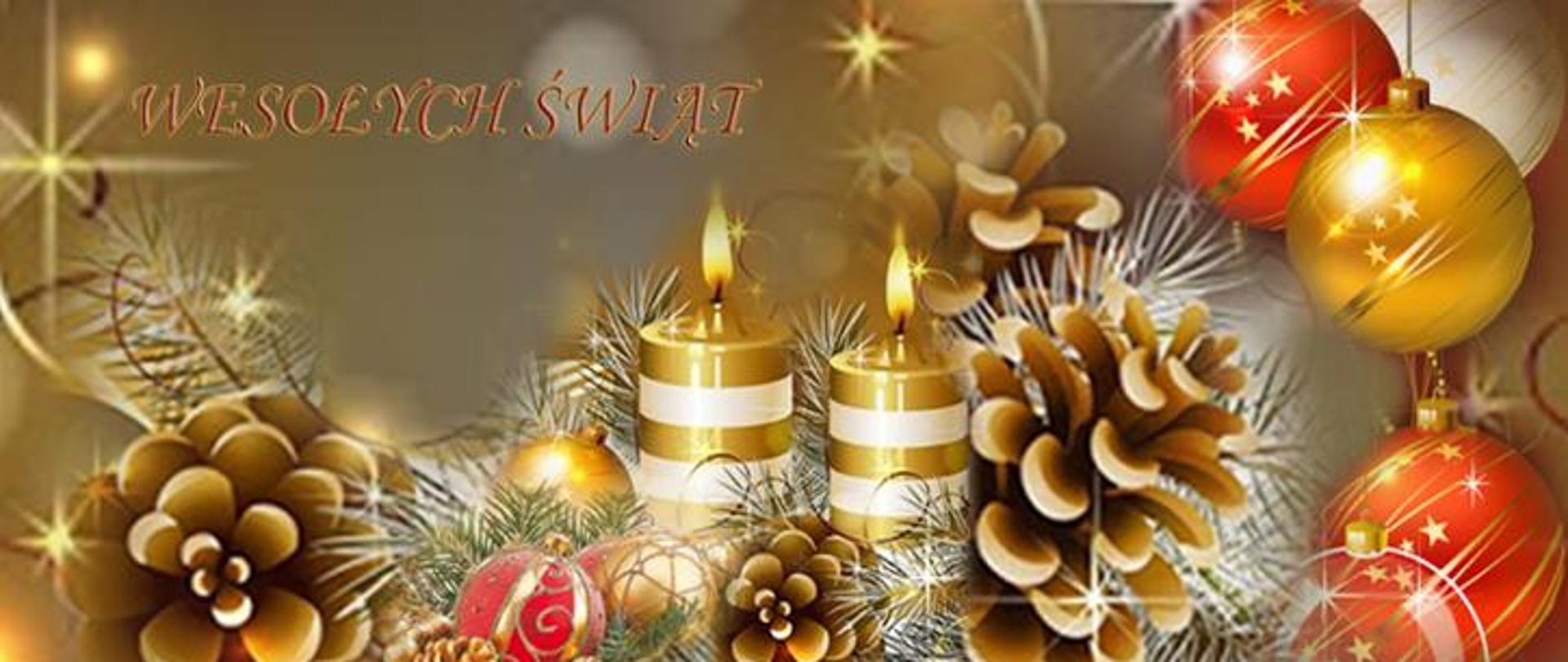 Napis Wesołych świąt z elementami świątecznymi tj. świeczki, bombki, szyszki oraz gałęzie świerku.