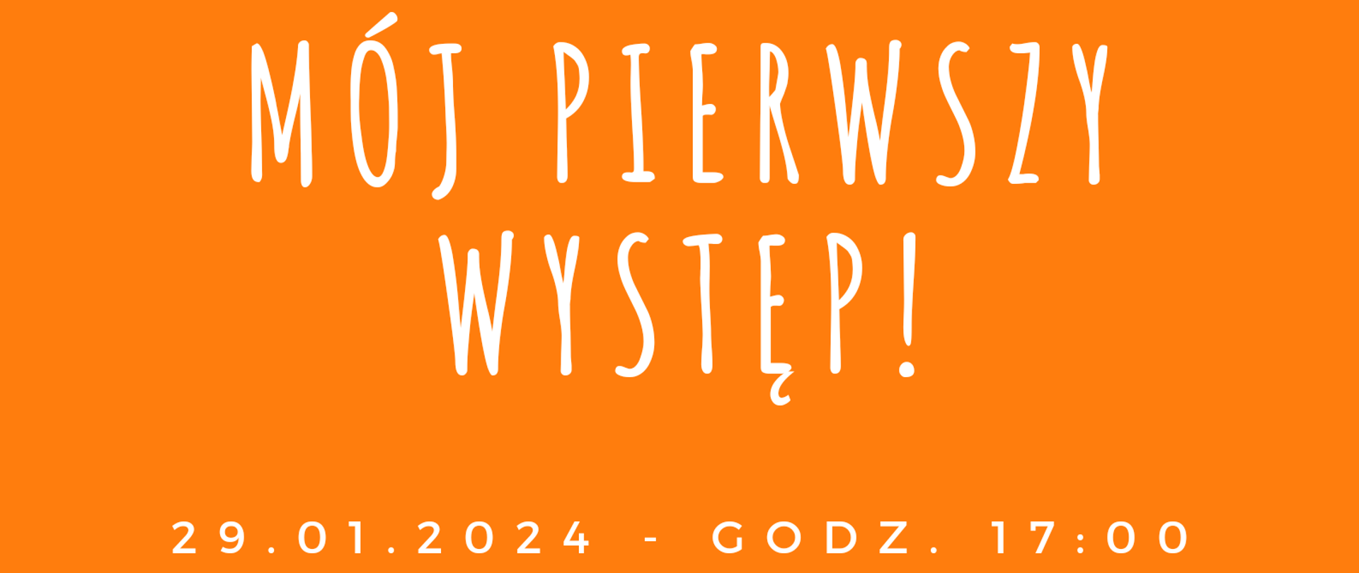 Plakat na pomarańczowym tle z białymi napisami. Na plakacie informacje dot. Koncertu uczniów klasy pierwszej z sekcji klawiszowej, który odbędzie się 29 t=stycznia 2024 roku o godzinie 17:00. Na dole plakatu grafika przedstawiająca klawisze fortepianu.