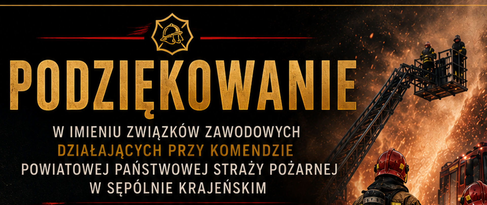 oficjalny dyplom z podziękowaniami, skierowanymi do Stowarzyszenia Sportowego „Więcborska Sztanga” od związków zawodowych działających przy Komendzie Powiatowej Państwowej Straży Pożarnej w Sępolnie Krajeńskim. Podziękowanie dotyczy wsparcia i przekazania sprzętu sportowego na wyposażenie siłowni dla funkcjonariuszy straży, co ma pomóc w dbaniu o ich sprawność fizyczną niezbędną w pracy ratowniczej. Grafika dokumentu łączy motywy strażackie, takie jak postacie strażaków i wóz bojowy w akcji, z elementami wyposażenia siłowni, w tym hantlami i sztangami widocznymi w dolnej części. Na dole umieszczono również oficjalne podpisy, życzenia dalszego rozwoju oraz logotypy organizacji związkowych, w tym NSZZ „Solidarność” oraz ZZS „Florian”.