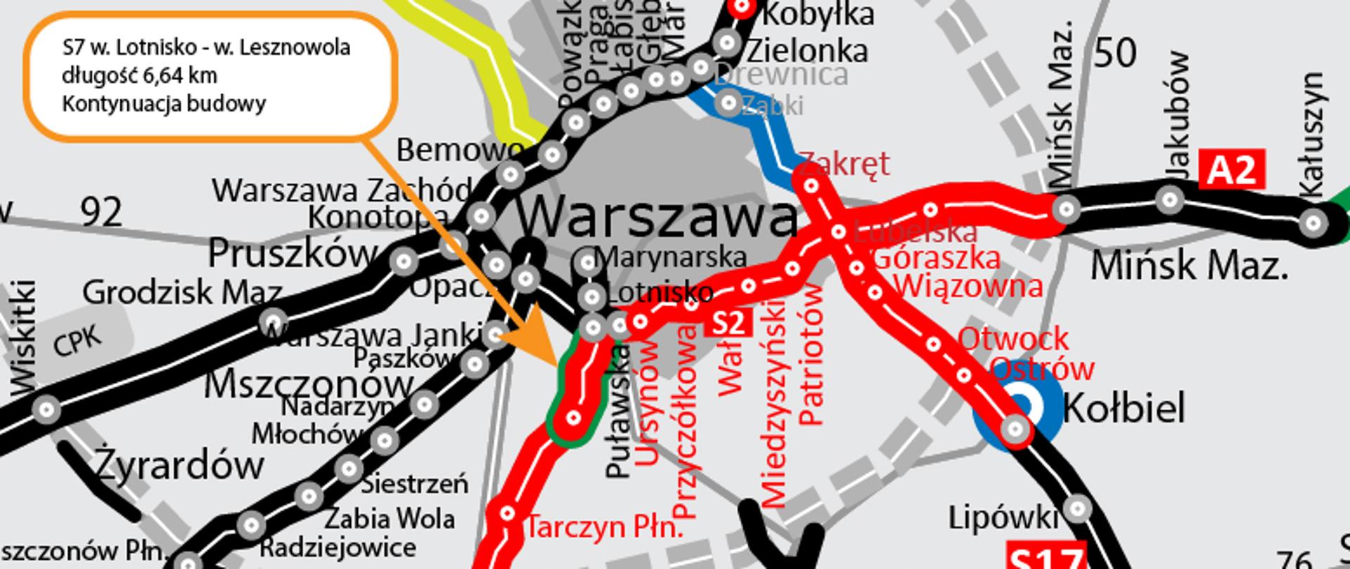 Mapa S7 odcinek Lotnisko - Lesznowola