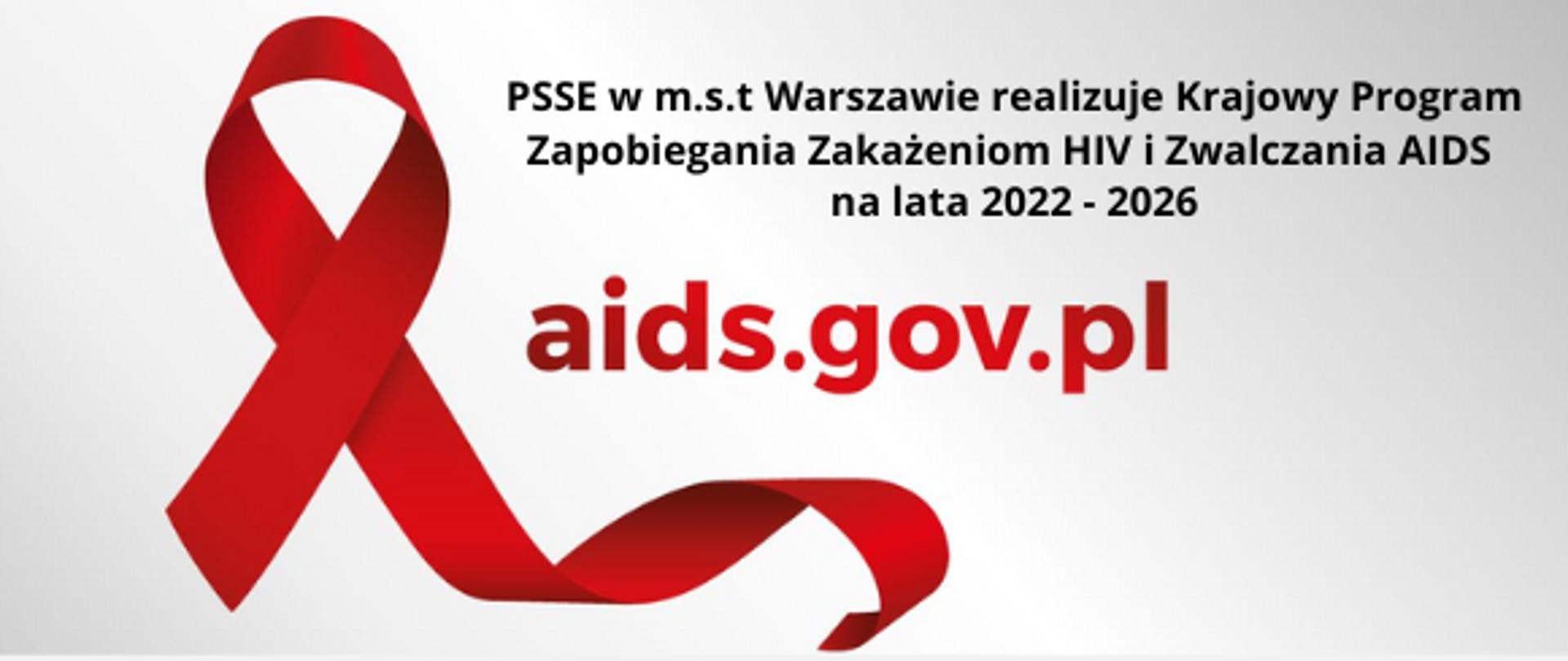 Czerwona wstążeczka po lewej stronie; adres mail do KC ds, Aids oraz informacja że PSSE w m.st. Warszawie realizuje Krajowy Program Zapobiegania Zakażeniom HIV i Zwalczania AIDA na lata 2022-2026