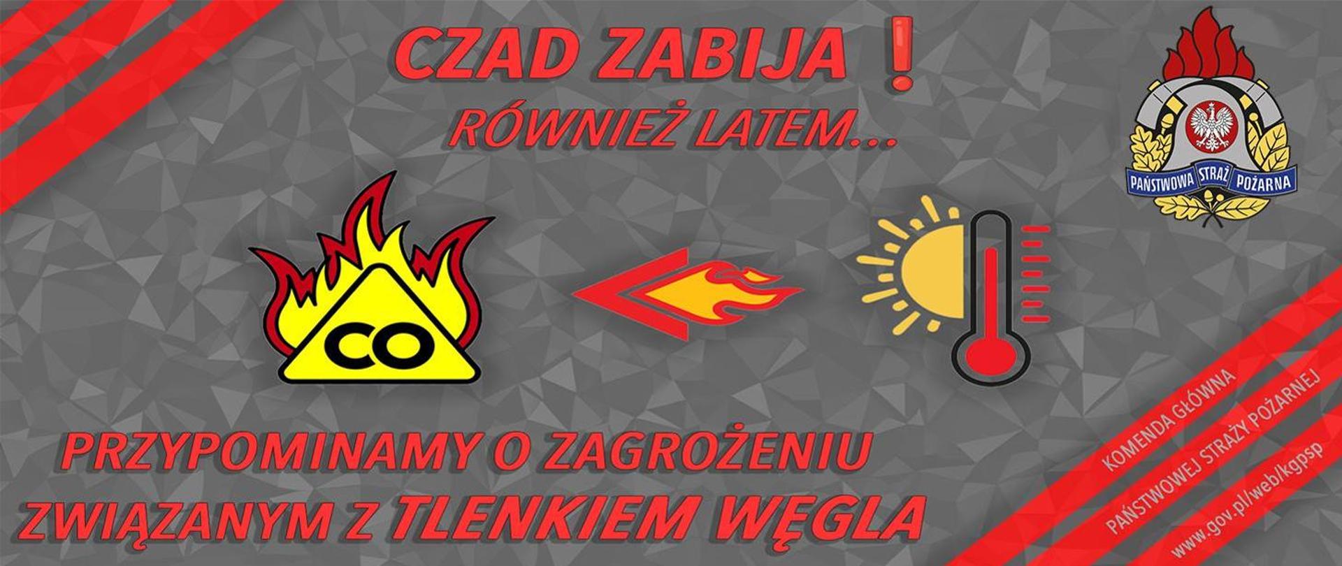 Grafika przypomina, że zagrożenie zatruciem tlenkiem węgla występuje nie tylko w sezonie grzewczym. Wysokie temperatury również mogą wpływać na prawidłową wentylację i odprowadzanie spalin.