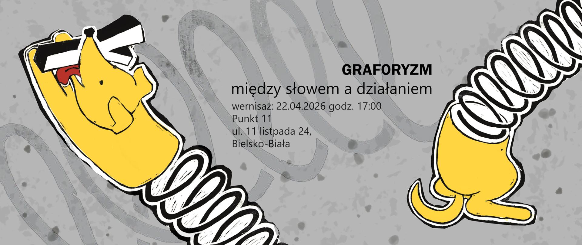 Na szarym tle z malarskimi śladami widoczne są dwie stylizowane, żółte postacie o sprężynowych tułowiach w czarno-białym konturze.