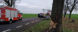 Zdjęcie przedstawia na pierwszym planie drzewo na poboczu Drogi Krajowej nr 22 z zerwaną korą w miejscu uderzenia pojazdu, po lewej stronie stoi lekki samochód ratownictwa technicznego z Jednostki Ratowniczo-Gaśniczej Państwowej Straży Pożarnej w Strzelcach Krajeńskich, na drugim planie jednia, na niej na dachu leży wrak samochodu peugeot 208, dalej strażacy, ratownicy medycznie i policjanci wykonujący swoje czynności.