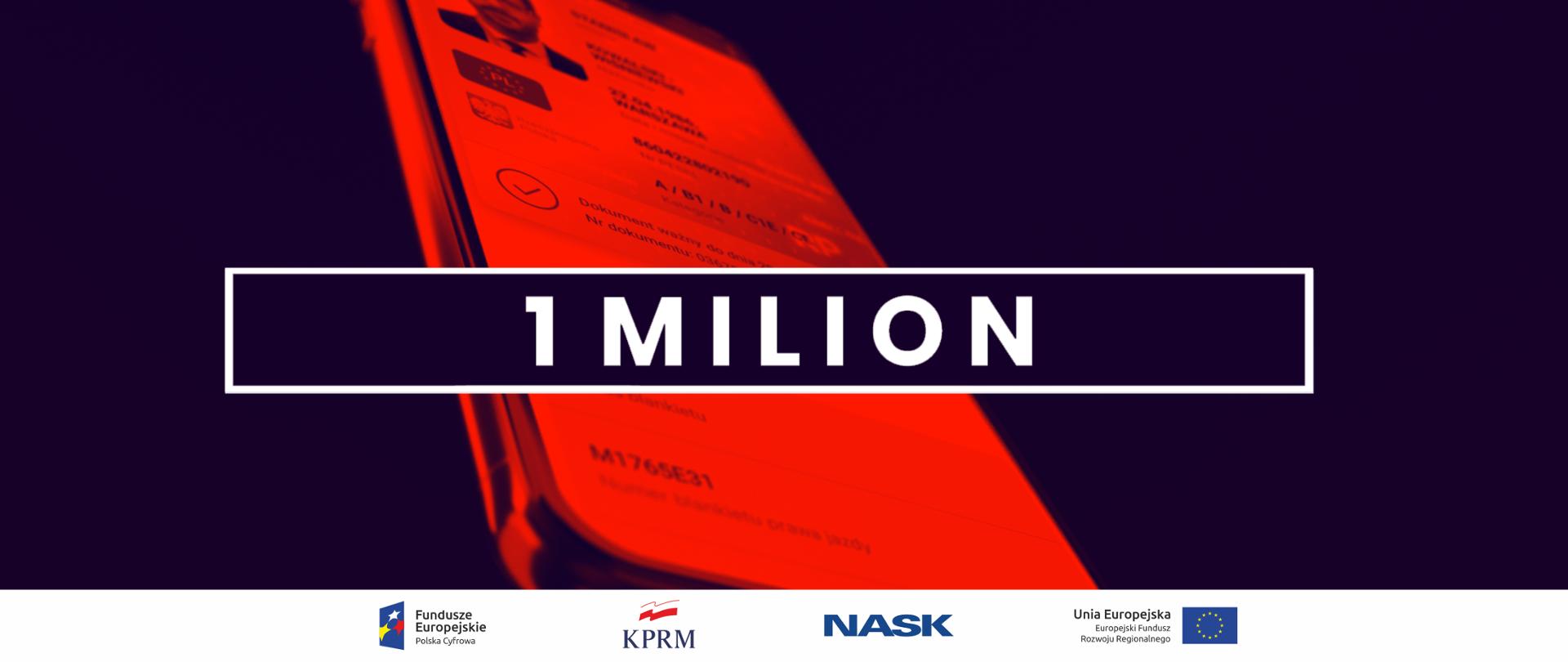 Na pierwszym planie biały napis "1 milion" - na granatowy tle, w białej ramce. W tle zbliżenie telefonu komórkowego - jest cały czerwony. Na ekranie telefonu widoczne mPrawo Jazdy. Tło granatowe.