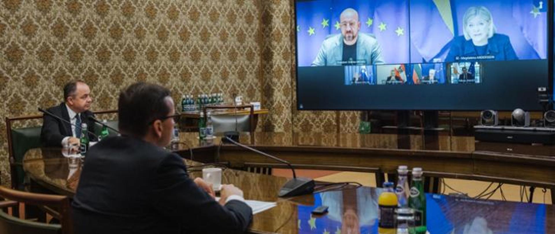 Prime Minister Mateusz Morawiecki during a video conference with the President of the European Council