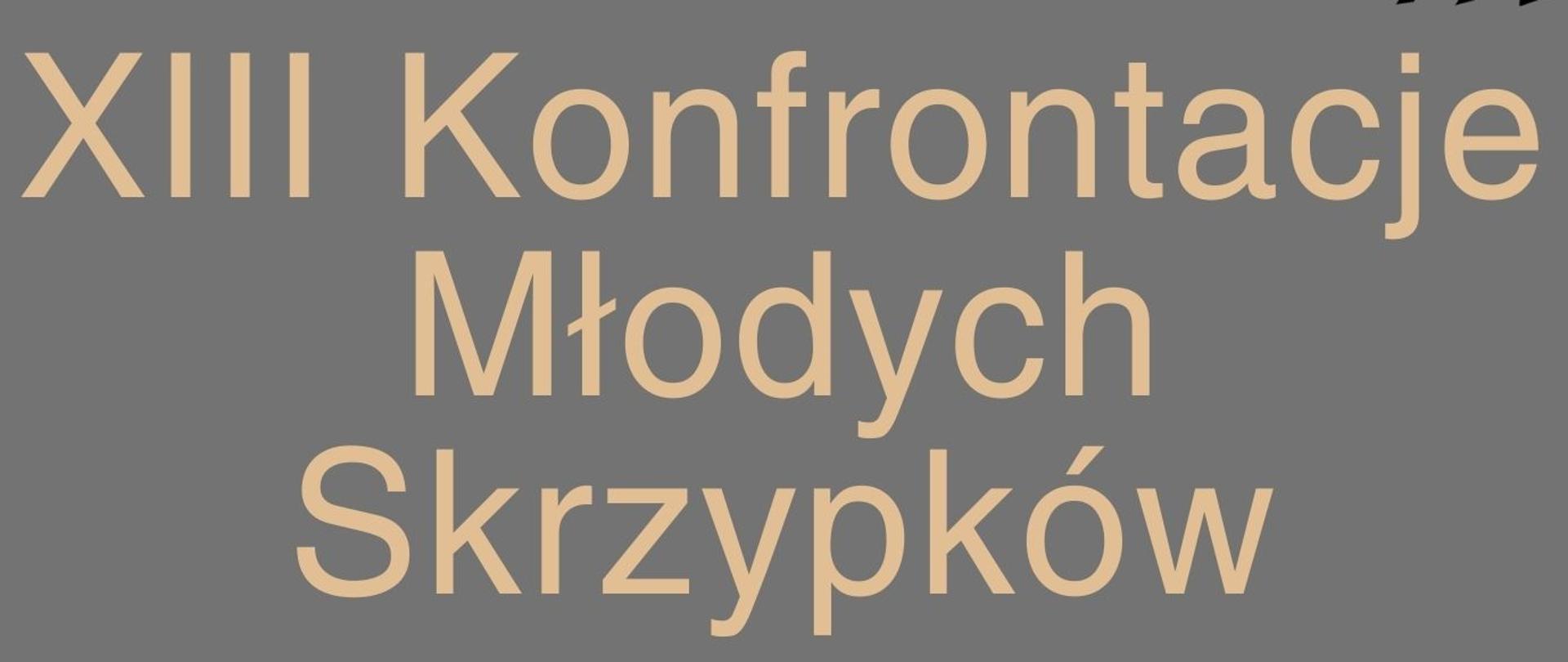 W centrum duży beżowy napis: „XIII Konfrontacje Młodych Skrzypków”. W prawym górnym rogu czarne logo Państwowej Szkoły Muzycznej w Opolu z profilem Fryderyka Chopina na pięciolinii. Poniżej po lewej stronie informacje o miejscu i terminie wydarzenia. Po prawej stronie o podziale na grupy. W dolnej części plakatu realistyczna ilustracja skrzypiec z leżącym smyczkiem. Najniżej jasny pas o fakturze drewna z czarnym tekstem: „Państwowa Szkoła Muzyczna I stopnia im. Fryderyka Chopina w Opolu, ul. Jana Bytnara Rudego 8”.