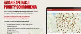 Grafika prezentująca aplikację „Punkty Schronienia” z mapą lokalizacji schronów i miejsc ukrycia wyświetloną na ekranie laptopa.