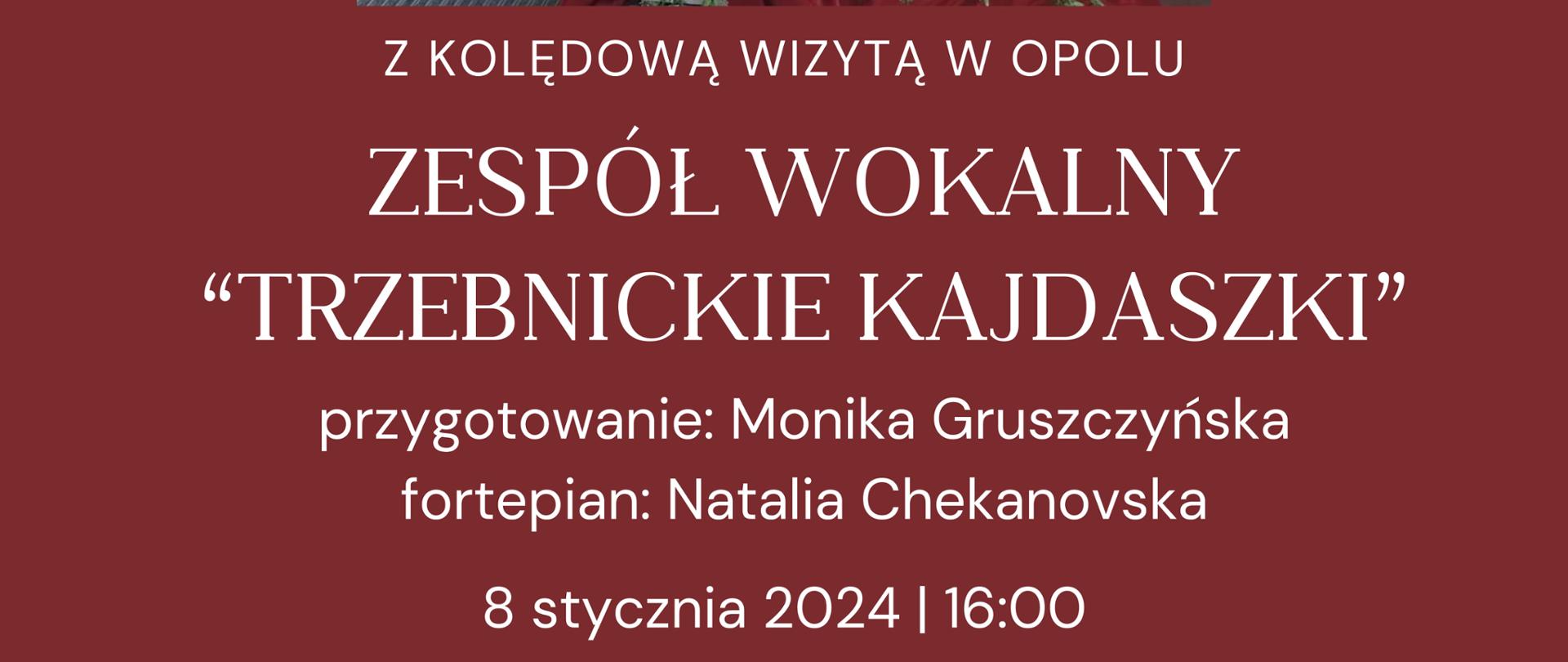 w centrum zdjęcie dzieci z zespołu Trzebnickie Kajdaszki, poniżej szczegółowe informacje o koncercie, w górnej części grafika przedstawiająca bombki choinkowe, całość w kolorystce bieli i borda