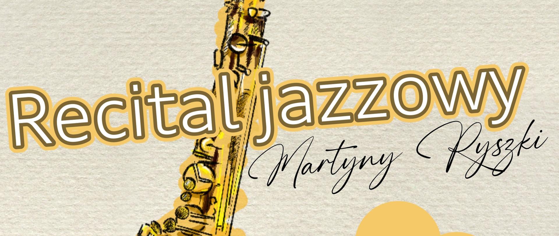 Plakat o pionowym układzie, utrzymany w ciepłej, stonowanej kolorystyce. Tło ma fakturę przypominającą papier akwarelowy w odcieniu jasnego beżu z delikatnymi, nieregularnymi przebarwieniami.
Po lewej stronie dominuje duża ilustracja saksofonu (saksofon altowy), przedstawionego w stylu szkicowo-malarskim. Instrument ma intensywnie złoto-żółtą kolorystykę z czarnymi konturami i akcentami, a wokół niego widoczne są nieregularne plamy w kolorze ochry, które nadają efekt ręcznie malowanego obrazu.
W górnej lewej części znajduje się tekst:
„Państwowa Szkoła Muzyczna
I stopnia im. Z. Noskowskiego
w Krzeszowicach
zaprasza na”
Tekst zapisany jest małą, prostą czcionką w kolorze ciemnoszarym.
W prawym górnym rogu widnieje logo szkoły – granatowy kwadrat z kolorowymi pionowymi paskami (żółty, biały, czerwony) oraz stylizowanym symbolem nuty/klawiatury.
Centralną część plakatu zajmuje duży tytuł:
„Recital jazzowy”
Tekst bardzo duży, zapisany grubą, zaokrągloną czcionką w kolorze jasnobrązowym z ciemniejszym obrysem, co nadaje efekt trójwymiarowości.
Pod tytułem, lekko ukośnie, znajduje się podpis artystki:
„Martyny Ryszki”
Zapisany elegancką, odręczną (kaligraficzną) czcionką w kolorze czarnym.
Po prawej stronie, mniej więcej na wysokości środka plakatu, znajduje się dekoracyjny element w kształcie nieregularnej „chmurki” (plamy) w kolorze jasnej ochry. W jego wnętrzu zapisano:
„9 kwietnia
17:30”
Poniżej mniejszym tekstem:
„AULA PSM
Krzeszowice, Ogrodowa 7”
Tekst w tej sekcji jest czarny, prosty i czytelny.
Niżej, po prawej stronie, znajduje się kolejna informacja:
„+ warsztaty”
Zapisane większą czcionką w kolorze czarnym.
Pod spodem nazwisko prowadzącego:
„Kazimierz Chłudek”
zapisane elegancką, odręczną czcionką, podobną do tej użytej przy nazwisku głównej artystki.
Obok lub poniżej widnieje informacja o czasie:
„18:00 do 19:30”
W dolnej lewej części plakatu znajduje się lista utworów, zapisana małą czcionką w kolorze ciemnoszarym:
„Utwory:
There will never be another you - Harry Warren
Confirmation - Charlie Parker
In a sentimental mood - Duke Ellington
Solar - Miles Davies
Bloomdido - Charlie Parker
Black Orpheus - Luiz Bonfa
Blues for Wynton - Bert Konowitz
Spain - Chick Corea”
W dolnej prawej części znajduje się lista artystów:
„Artyści:
Martyna Ryszka - saksofon altowy
Jakub Żuradzki - saksofon tenorowy
Jonasz Iwanicki - fortepian
Radosz Leja - fortepian
Marfa Baratava - kontrabas
Franciszek Mietek - perkusja”
Tekst w tej sekcji również jest niewielki, czytelny, w kolorze ciemnoszarym.
Kolorystyka i styl:
dominujące kolory: beż, ochra, złoto, brąz, czarny,
ilustracja saksofonu: intensywnie żółto-złota z czarnym konturem,
tekst główny: brązowy z obrysem,
tekst pomocniczy: czarny lub ciemnoszary,
styl: artystyczny, jazzowy, lekko retro, z elementami ręcznego rysunku i kaligrafii.